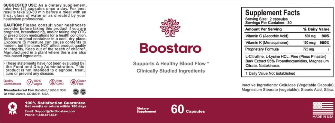 Boostaro Supplement Facts label