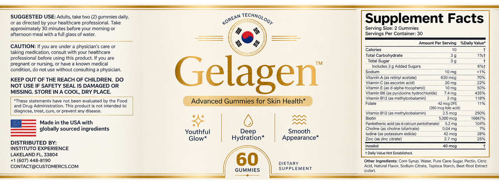 Gelagen Supplement Facts label showing all 13 ingredients with dosages