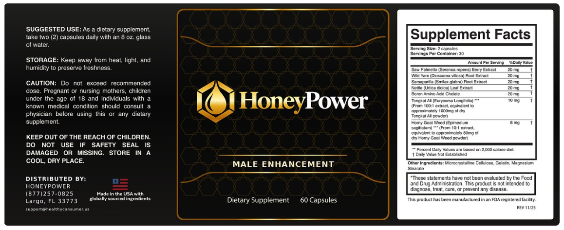 HoneyPower Supplement Facts label